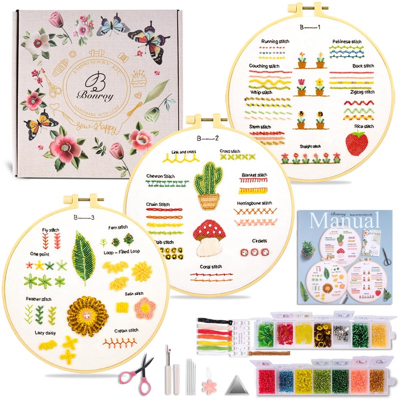 Bonroy Bead Embroidery Kit for Adults Beginners, 3-Pack 26-Stitch Practice Samplers, Stitches Kit, Bead Embroidery Kit, Adults Beginner Embroidery Practice with Step-by-Step Guide & Video - Image 1