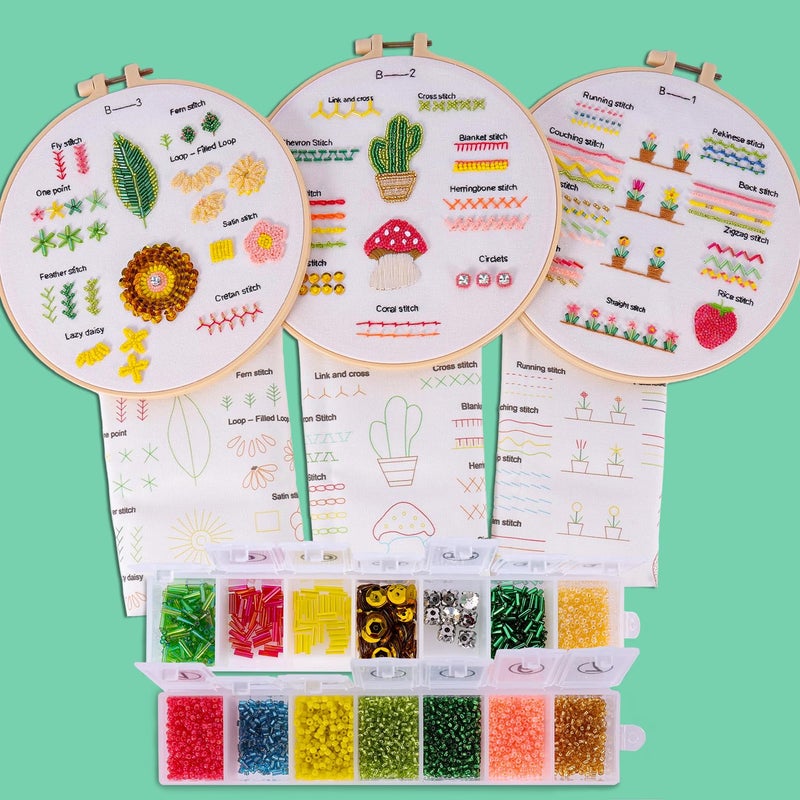 Bonroy Bead Embroidery Kit for Adults Beginners, 3-Pack 26-Stitch Practice Samplers, Stitches Kit, Bead Embroidery Kit, Adults Beginner Embroidery Practice with Step-by-Step Guide & Video - Image 5