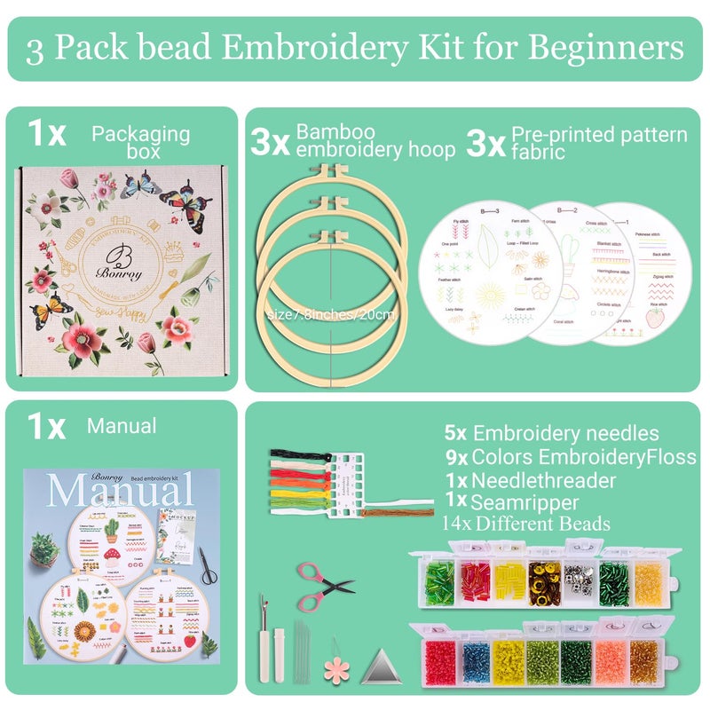 Bonroy Bead Embroidery Kit for Adults Beginners, 3-Pack 26-Stitch Practice Samplers, Stitches Kit, Bead Embroidery Kit, Adults Beginner Embroidery Practice with Step-by-Step Guide & Video - Image 2