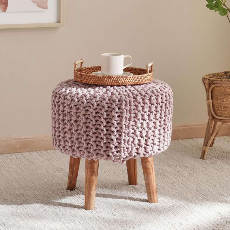 Pan Home Vivian Cable Knit Foot Stool 40x40 cm -Pink