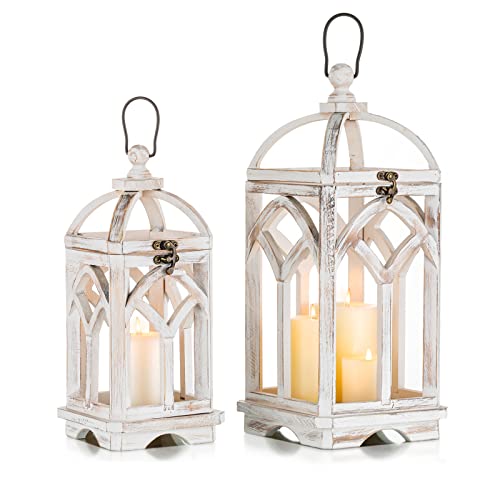 Romadedi Decorative Candle Lantern Wood - Rustic Wooden Lantern for Farmhouse Home Living Room Shelf Patio Table Decoration Christmas Holloween Wedding Party Table Centerpiece, Washedwhite - Image 1