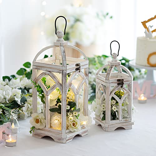 Romadedi Decorative Candle Lantern Wood - Rustic Wooden Lantern for Farmhouse Home Living Room Shelf Patio Table Decoration Christmas Holloween Wedding Party Table Centerpiece, Washedwhite - Image 3