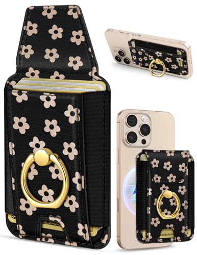 Shorogyt Compatible with Magsafe Wallet with Ring Stand Grip - Cute Magnetic Phone Wallets Card Holder for iPhone 17/16/15/14/13/12 Series for Women Girls Black Flower Design, Fit 7 Cards - Image 1