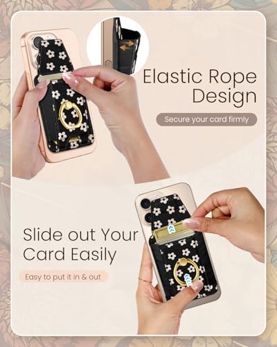 Shorogyt Compatible with Magsafe Wallet with Ring Stand Grip - Cute Magnetic Phone Wallets Card Holder for iPhone 17/16/15/14/13/12 Series for Women Girls Black Flower Design, Fit 7 Cards - Image 4