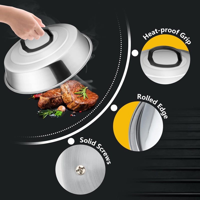 4 عبوة من أغطية الجبنة المنصهرة للمقلاة، من ماركة ، تحتوي على 2 قطعة بقياس 12.5 بوصة و2 قطعة بقياس 9 بوصة، مجموعة أغطية دائرية، مصنوعة من الفولاذ المقاوم للصدأ، مناسبة لمقلاات الشواء ذات السطح المسطح، وأغطية للبرجر بالبخار للاستخدام داخليًا وخارجيًا. - Image 5