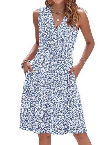 AUSELILY Plus Size Dresses Floral Sleeveless Wrap V Neck Summer Dress with Pockets, Gray Blue Flower M - Image 1