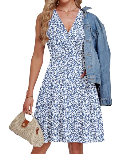 AUSELILY Plus Size Dresses Floral Sleeveless Wrap V Neck Summer Dress with Pockets, Gray Blue Flower M - Image 5