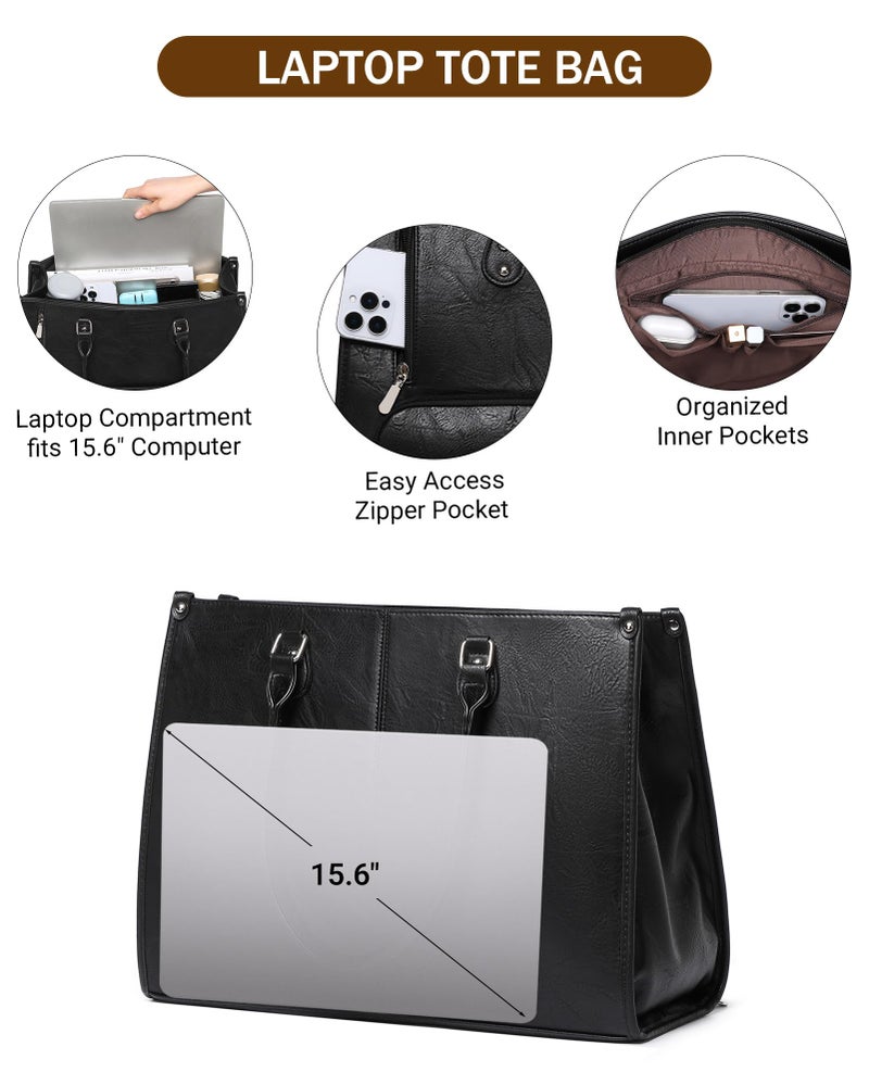 BAVERGE Laptop Tote Bag with Insulated Lunch Compartment for Women Work, PU Leather Lunch Bag with 15.6 Inch Computer Compartment - Image 4