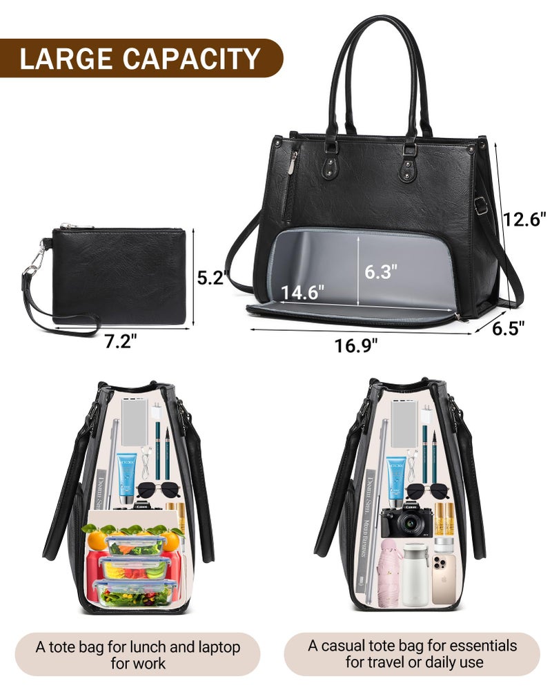 BAVERGE Laptop Tote Bag with Insulated Lunch Compartment for Women Work, PU Leather Lunch Bag with 15.6 Inch Computer Compartment - Image 3