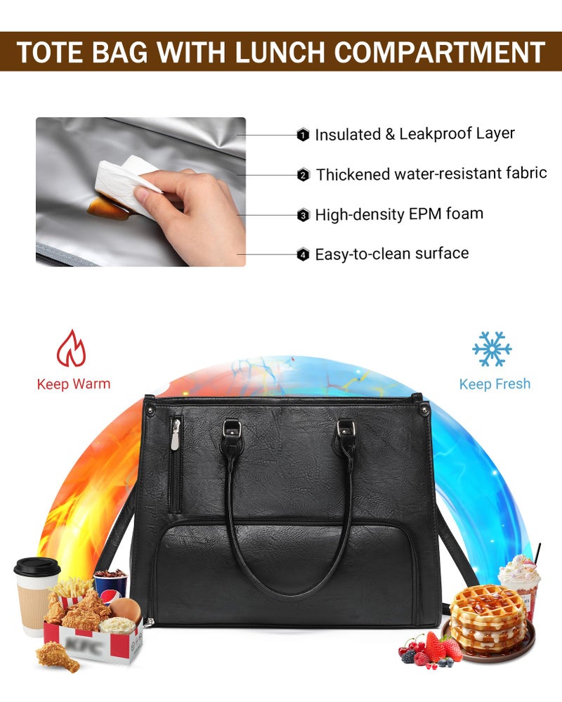 BAVERGE Laptop Tote Bag with Insulated Lunch Compartment for Women Work, PU Leather Lunch Bag with 15.6 Inch Computer Compartment - Image 5