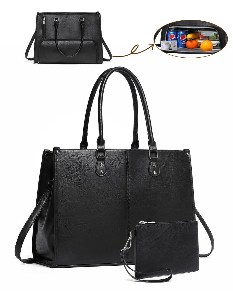 BAVERGE Laptop Tote Bag with Insulated Lunch Compartment for Women Work, PU Leather Lunch Bag with 15.6 Inch Computer Compartment - Image 1