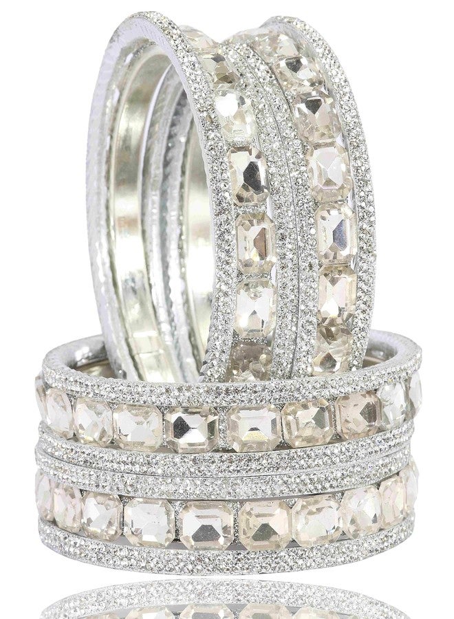 NMII Stylish Metal with AD Diamond Bangles Kada Set For Women & Girls | White Stone Bangles | Kada Set For Women | Chudi Set | Fashionable Bangles For Wedding, Party, Daily-(F188-Silver-2.4) - Image 1