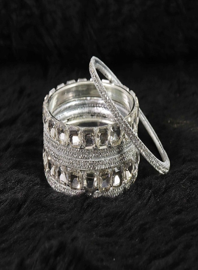 NMII Stylish Metal with AD Diamond Bangles Kada Set For Women & Girls | White Stone Bangles | Kada Set For Women | Chudi Set | Fashionable Bangles For Wedding, Party, Daily-(F188-Silver-2.4) - Image 5