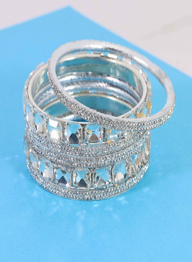 NMII Stylish Metal with AD Diamond Bangles Kada Set For Women & Girls | White Stone Bangles | Kada Set For Women | Chudi Set | Fashionable Bangles For Wedding, Party, Daily-(F188-Silver-2.4) - Image 3