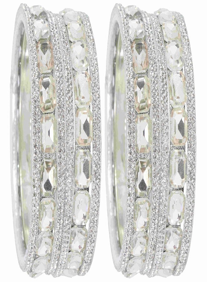 NMII Stylish Metal with AD Diamond Bangles Kada Set For Women & Girls | White Stone Bangles | Kada Set For Women | Chudi Set | Fashionable Bangles For Wedding, Party, Daily-(F188-Silver-2.4) - Image 2