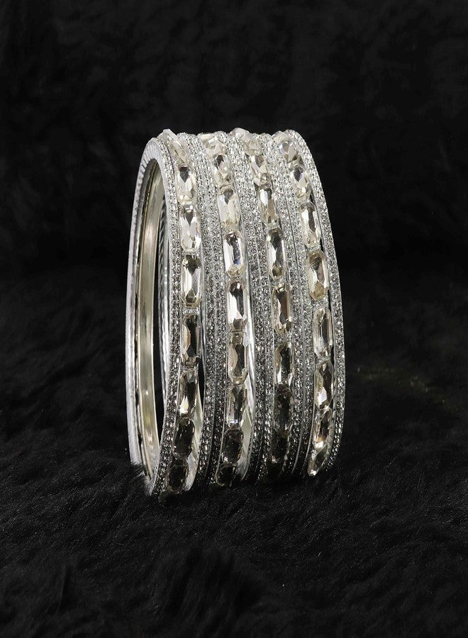 NMII Stylish Metal with AD Diamond Bangles Kada Set For Women & Girls | White Stone Bangles | Kada Set For Women | Chudi Set | Fashionable Bangles For Wedding, Party, Daily-(F188-Silver-2.4) - Image 4