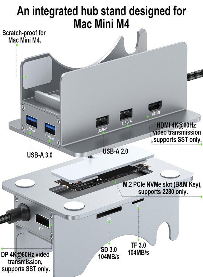 Reborn Mac mini M4 Dock & Stand with NVMe SSD Enclosure, Mac Mini M4 Hub with 4K60Hz HDMI, 4K60Hz DP, 5G USB A*2, USB A 2.0*2, TF/SD Card Reader 9-in-1 USB Hub for Mac mini M4,Mac mini M4 Pro - Silver - Image 2