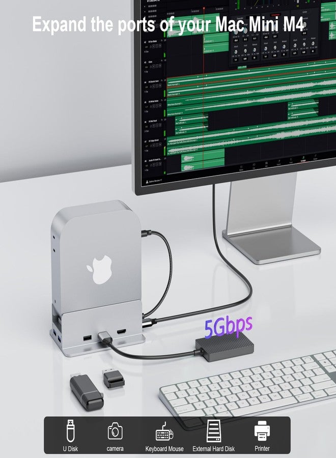 Reborn Mac mini M4 Dock & Stand with NVMe SSD Enclosure, Mac Mini M4 Hub with 4K60Hz HDMI, 4K60Hz DP, 5G USB A*2, USB A 2.0*2, TF/SD Card Reader 9-in-1 USB Hub for Mac mini M4,Mac mini M4 Pro - Silver - Image 5