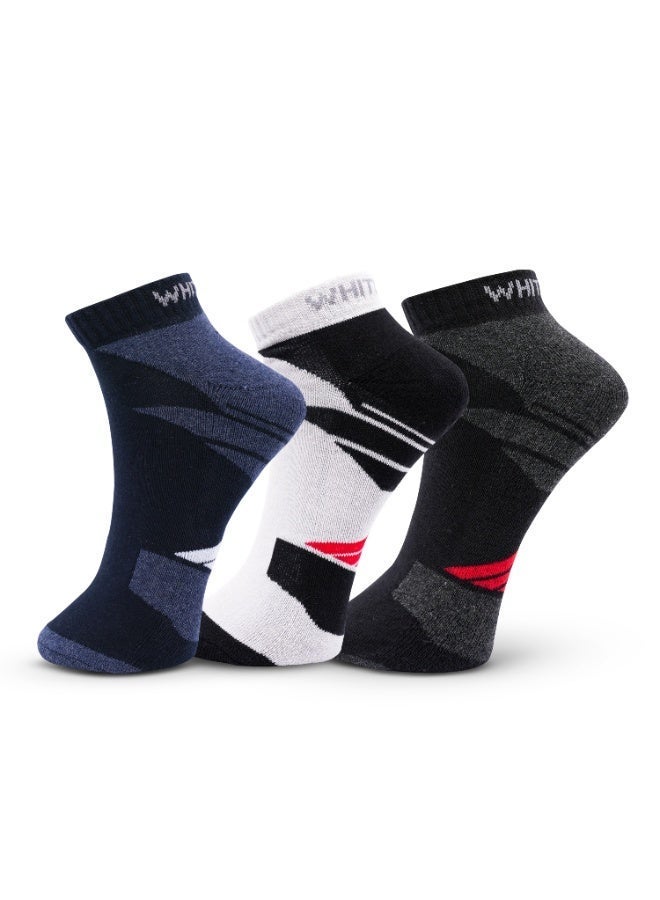 الورقة البيضاء جوارب رجالية قصيرة من نسيج تيري – قابلة للتنفس، تمتص الرطوبة، ثابتة – 3 أزواج – رمادي داكن، أزرق، أسود - Image 1