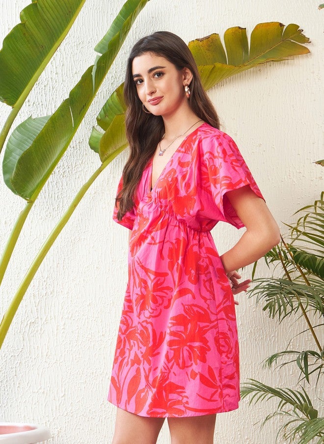 SASSAFRAS Floral Printed Cotton Mini Dress for Women - Image 3