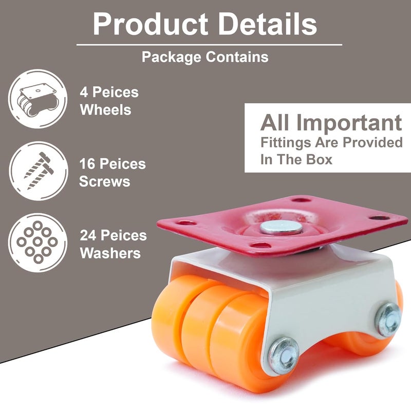 Hepiack 6Wheels Mini Revolving Castor Wheels for Furniture Sofa and Table Orange 300kg Capacity Set of 4 30mm - Image 4