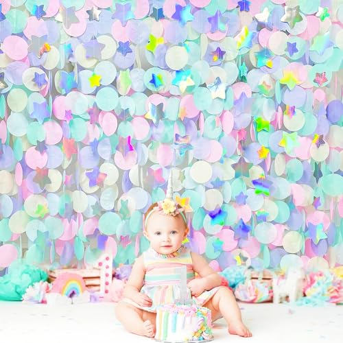 pinkblume 205Ft Pastel Party Decorations Circle Dot Backdrop Streamer Pastel Tissue Paper Polka Dots with Iridescent Star Hanging Garland for Birthday Wedding Bachelorette Engagement Baby Shower Party Supplies - Image 4