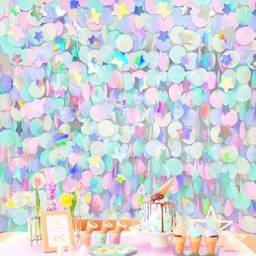 pinkblume 205Ft Pastel Party Decorations Circle Dot Backdrop Streamer Pastel Tissue Paper Polka Dots with Iridescent Star Hanging Garland for Birthday Wedding Bachelorette Engagement Baby Shower Party Supplies - Image 1