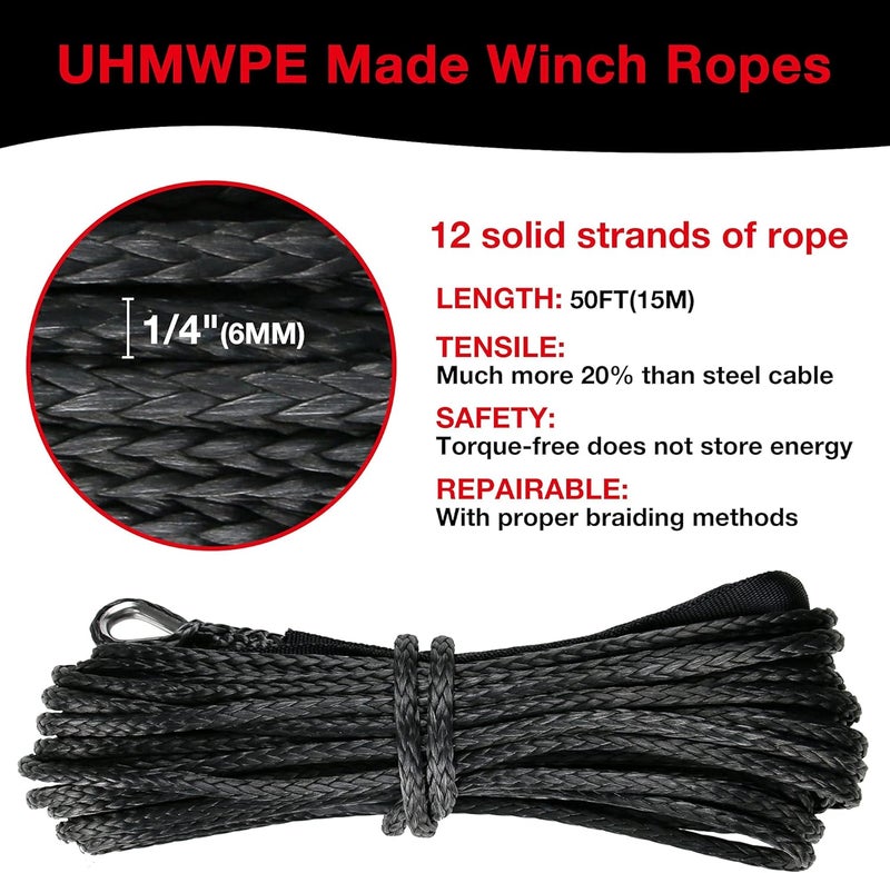 WROUGH 1/4" Synthetic Winch Rope, 1/4 in x 50 Ft 10,000LBs Strength ATV Winch Rope Line with Protecting Sleeve and Thimble, Suitable for ATV, SUV, Vehicle (Black) - Image 2