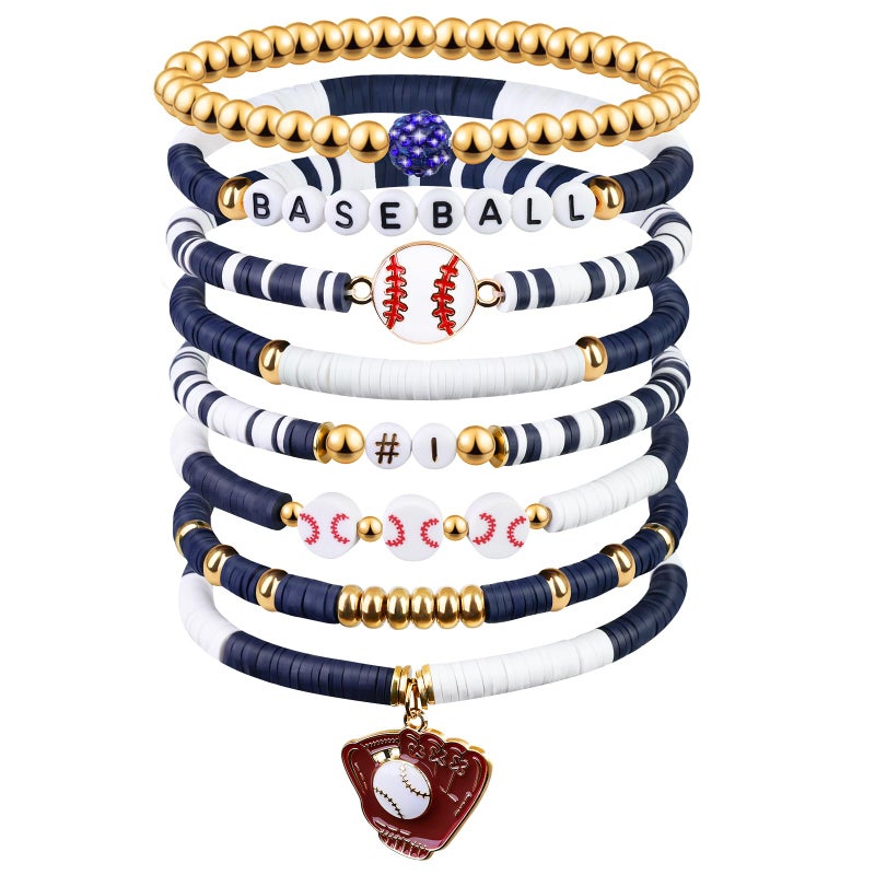 AKAIXI Baseball Clay Beaded Stretch Bracelets, Game Day Friendship Baseball Sport Fan Bracelet for for Sports Game Team Coach Mom Women Men Jewelry Accessories Gifts (Dark Blue and White) - Image 1