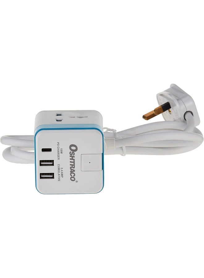 OSHTRACO 3 Way Universal Plug Input Power Charging Cube with 1x18W PD Charger&2xUSB-A Charging Ports & 1.5M FlexibleCord - Image 1