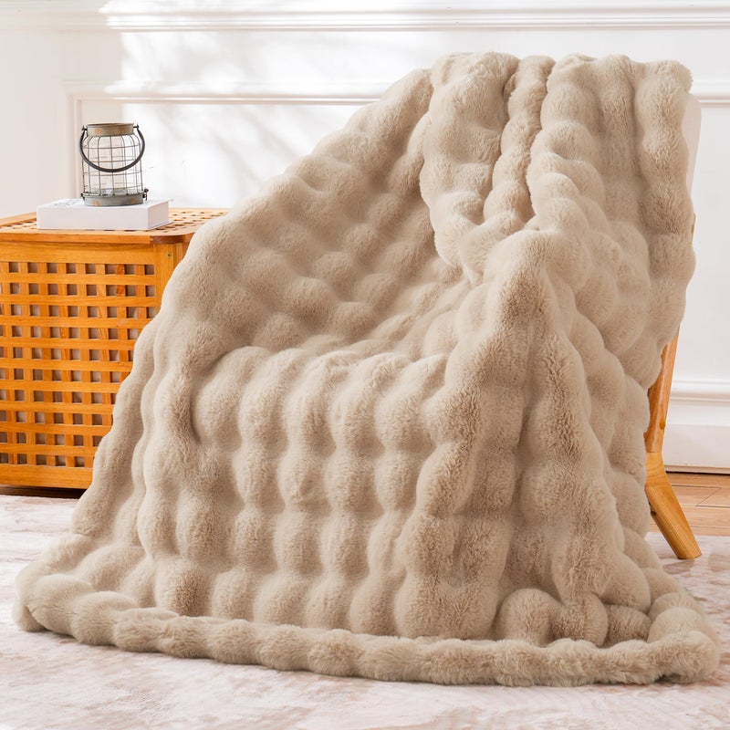 BENVWE Faux Fur Throw Blanket for Couch Bed - Fluffy Soft Thick Bubble Blanket for Living Room Home Decor - Mothers Day Birthday Gifts for Women, Beige, 63" x 80" - Image 1