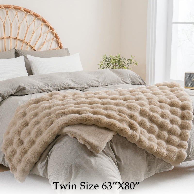 BENVWE Faux Fur Throw Blanket for Couch Bed - Fluffy Soft Thick Bubble Blanket for Living Room Home Decor - Mothers Day Birthday Gifts for Women, Beige, 63" x 80" - Image 2
