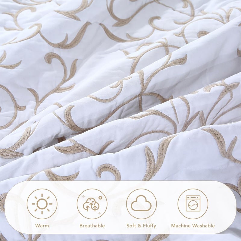 Lady Ann 3Pcs Oversized King Quilt Set 128x120 - Beige Embroidery Pattern Reversible Cotton bedspreads & coverlets, Lightweight Quilted Extra Large Elegant Oversized King Bedroom Bedding Set - Image 3