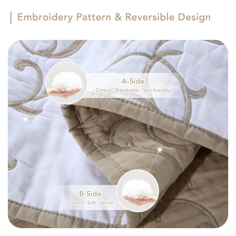 Lady Ann 3Pcs Oversized King Quilt Set 128x120 - Beige Embroidery Pattern Reversible Cotton bedspreads & coverlets, Lightweight Quilted Extra Large Elegant Oversized King Bedroom Bedding Set - Image 5