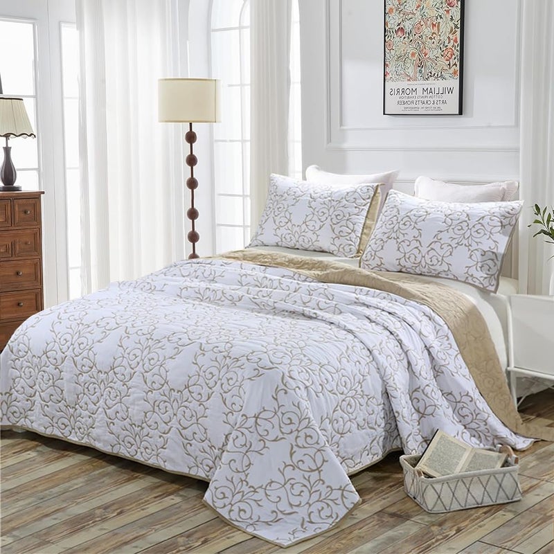 Lady Ann 3Pcs Oversized King Quilt Set 128x120 - Beige Embroidery Pattern Reversible Cotton bedspreads & coverlets, Lightweight Quilted Extra Large Elegant Oversized King Bedroom Bedding Set - Image 1