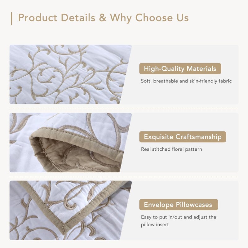 Lady Ann 3Pcs Oversized King Quilt Set 128x120 - Beige Embroidery Pattern Reversible Cotton bedspreads & coverlets, Lightweight Quilted Extra Large Elegant Oversized King Bedroom Bedding Set - Image 4