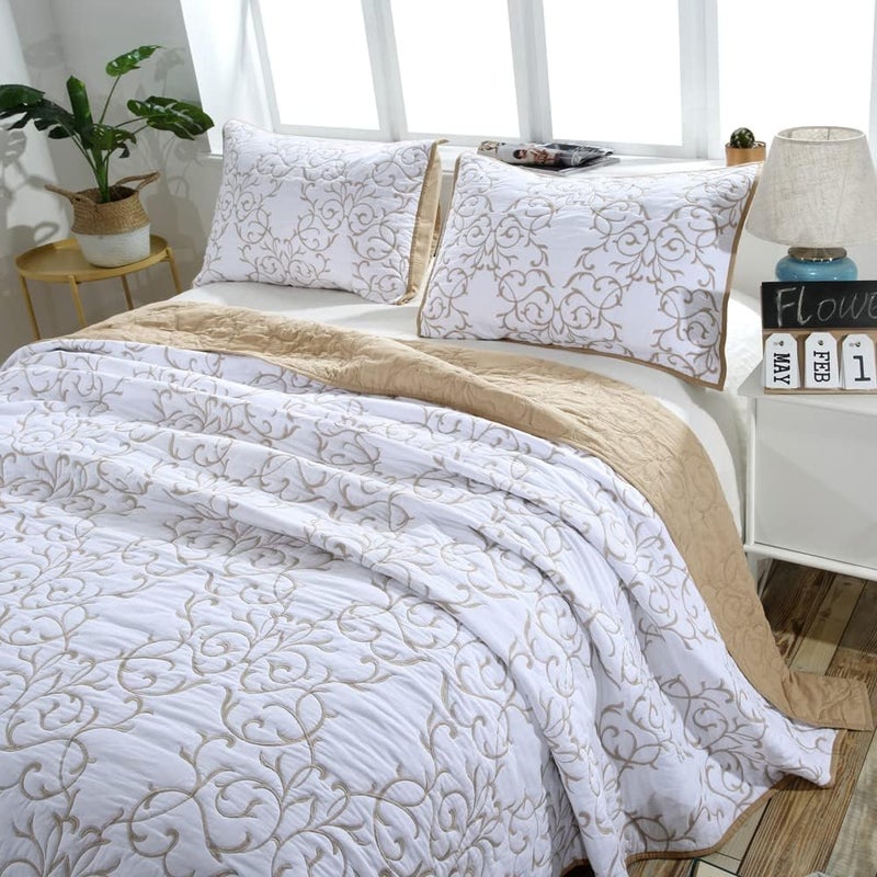 Lady Ann 3Pcs Oversized King Quilt Set 128x120 - Beige Embroidery Pattern Reversible Cotton bedspreads & coverlets, Lightweight Quilted Extra Large Elegant Oversized King Bedroom Bedding Set - Image 2