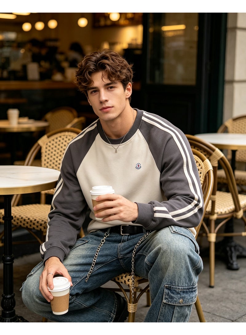 MONCLER LES SOMMETS Moncler Raglan Crew Neck Sweatshirt Casual Street Style Relaxed Fit Men's & Women's Off White Dark Grey - Image 5