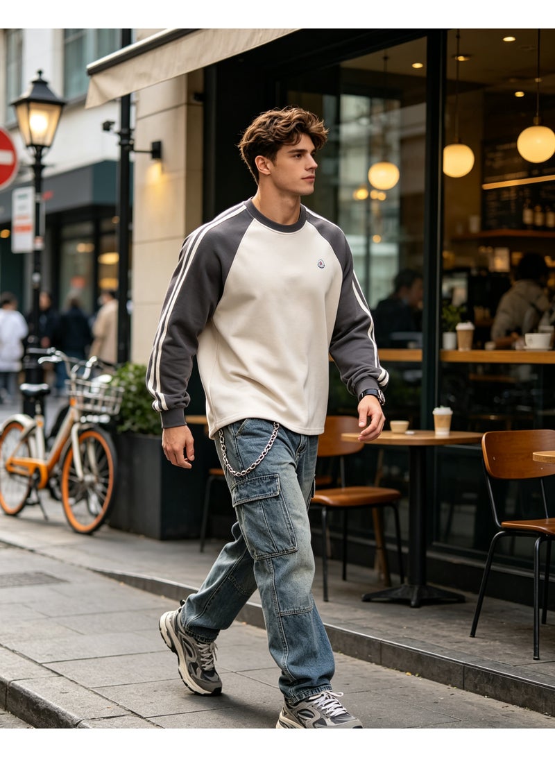 MONCLER LES SOMMETS Moncler Raglan Crew Neck Sweatshirt Casual Street Style Relaxed Fit Men's & Women's Off White Dark Grey - Image 2