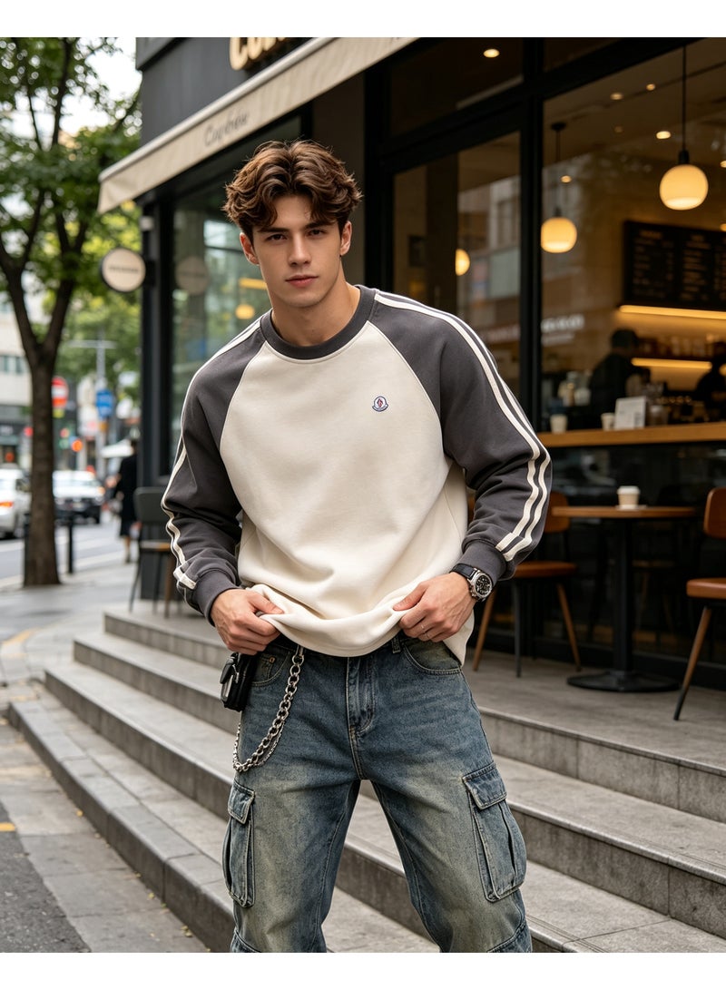 MONCLER LES SOMMETS Moncler Raglan Crew Neck Sweatshirt Casual Street Style Relaxed Fit Men's & Women's Off White Dark Grey - Image 4