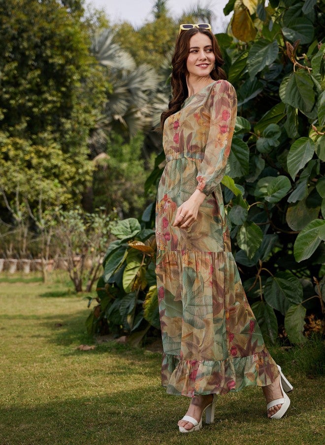 SASSAFRAS Floral Print Georgette A-Line Maxi Dress for Women - Image 3
