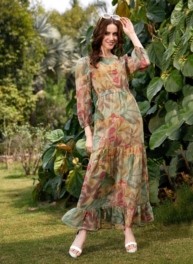 SASSAFRAS Floral Print Georgette A-Line Maxi Dress for Women