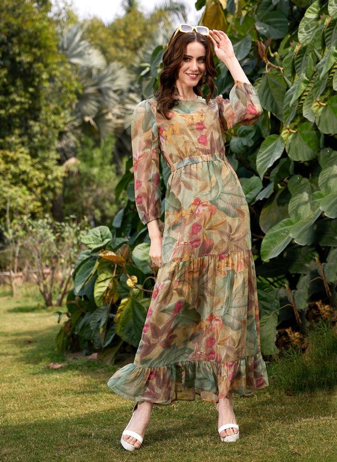 SASSAFRAS Floral Print Georgette A-Line Maxi Dress for Women - Image 1
