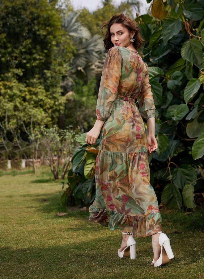 SASSAFRAS Floral Print Georgette A-Line Maxi Dress for Women - Image 4