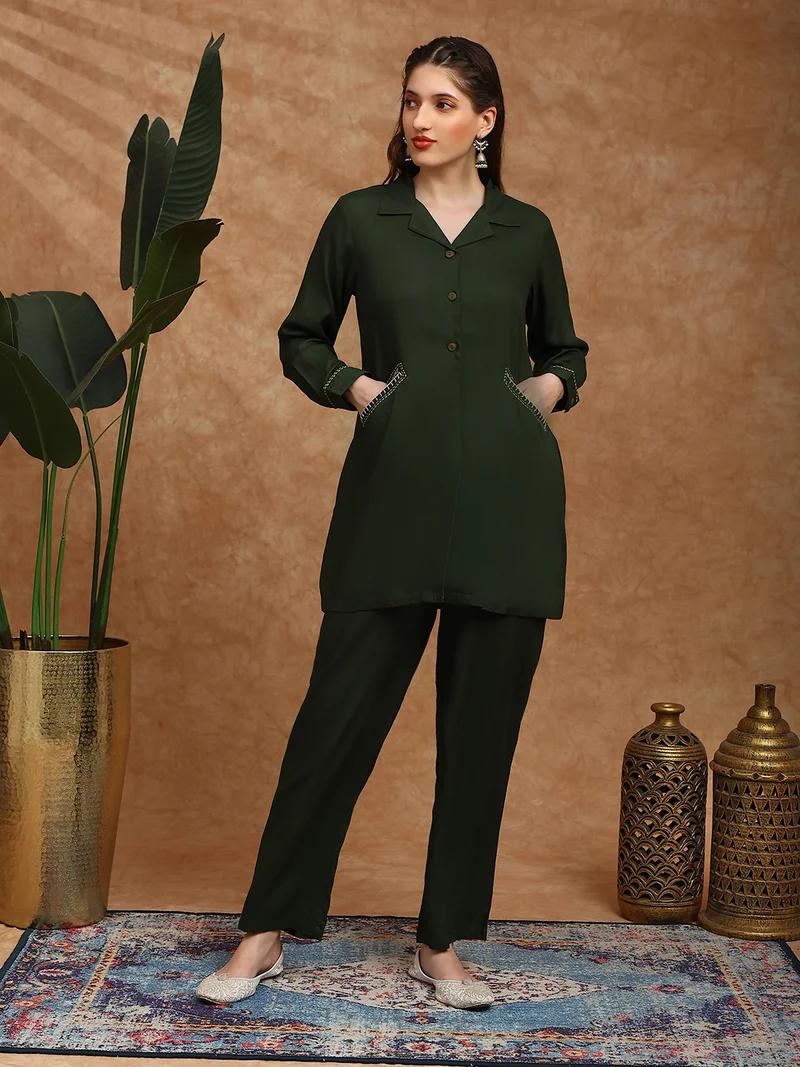 Globus Women Olive Cuban Collar Cuffed Sleeves Embroidered Detail Pockets Shirt Style Tunic & Trousers Co-Ord Set