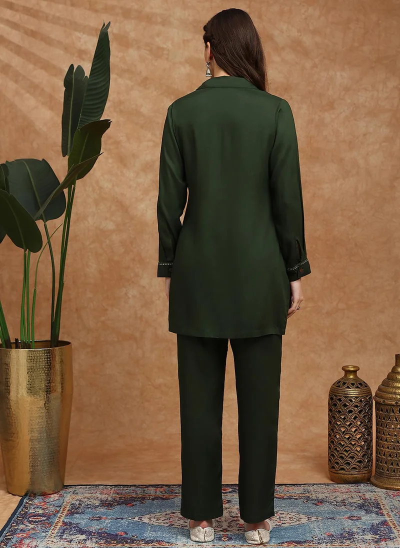 globus Globus Women Olive Cuban Collar Cuffed Sleeves Embroidered Detail Pockets Shirt Style Tunic & Trousers Co-Ord Set