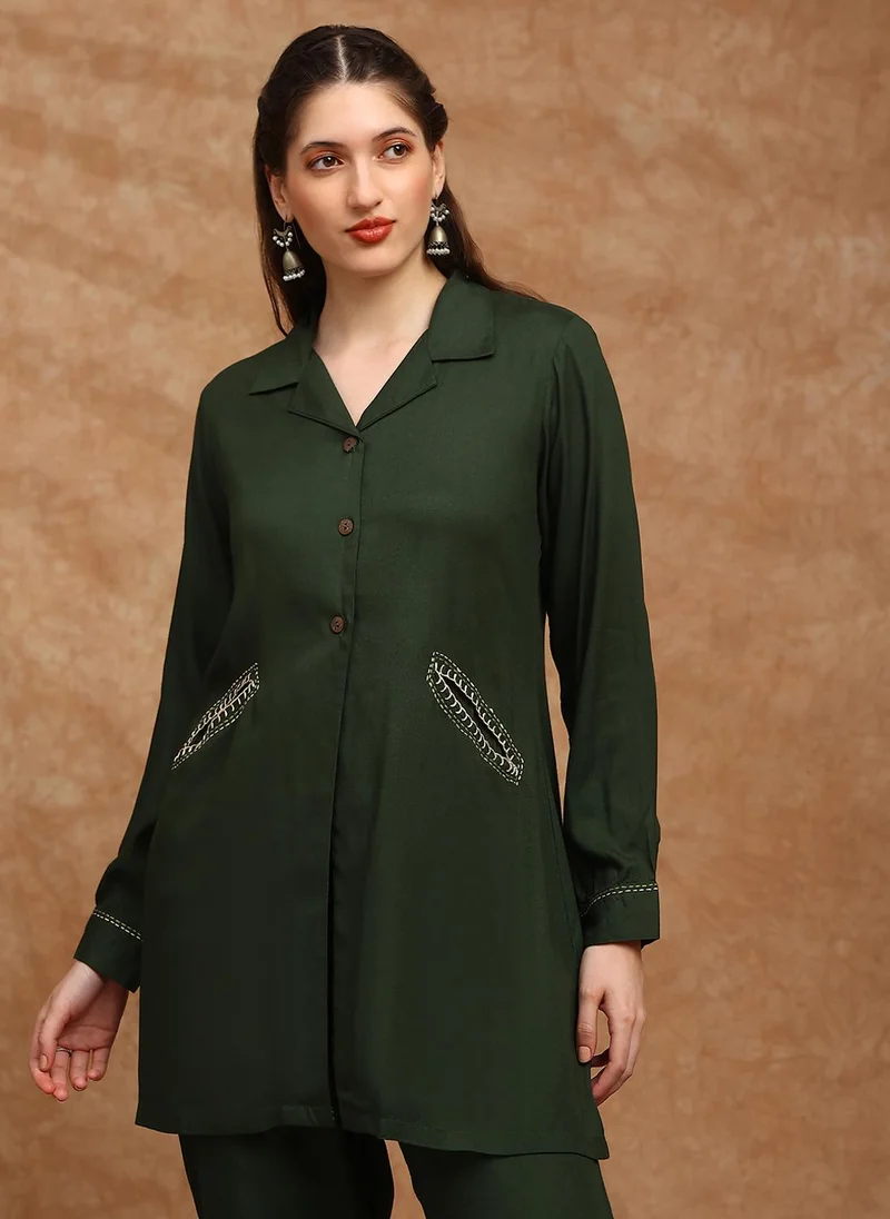 globus Globus Women Olive Cuban Collar Cuffed Sleeves Embroidered Detail Pockets Shirt Style Tunic & Trousers Co-Ord Set
