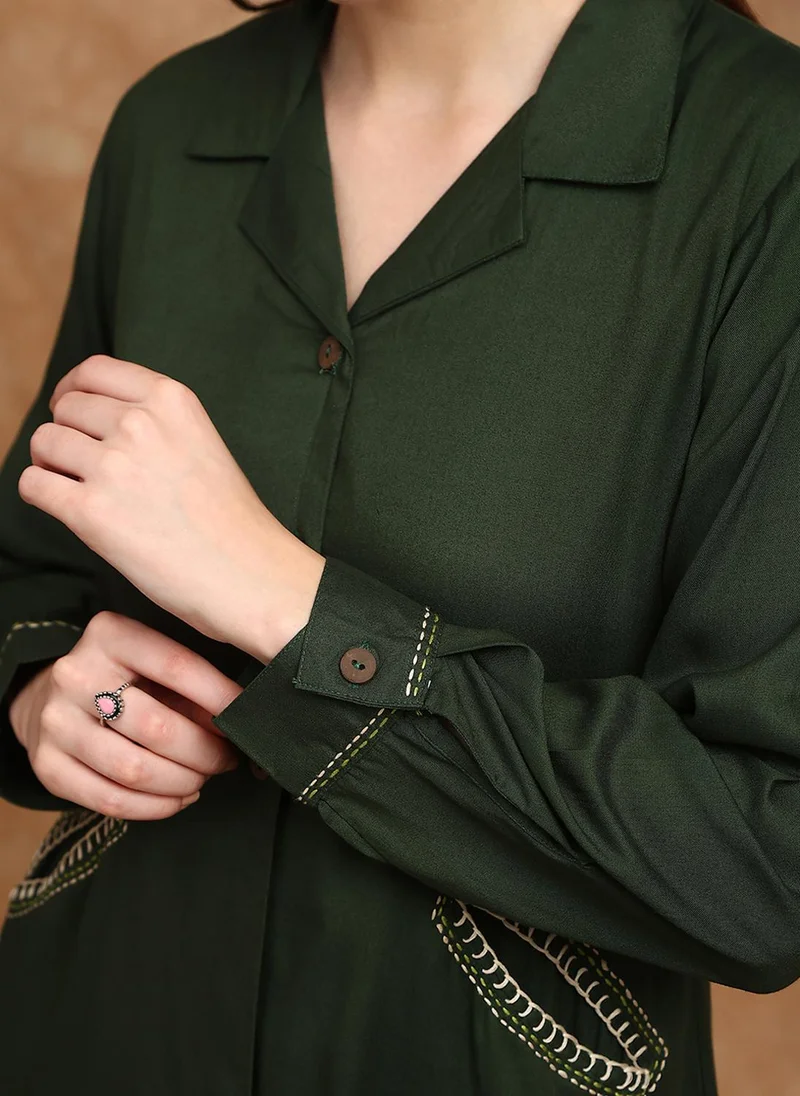 globus Globus Women Olive Cuban Collar Cuffed Sleeves Embroidered Detail Pockets Shirt Style Tunic & Trousers Co-Ord Set