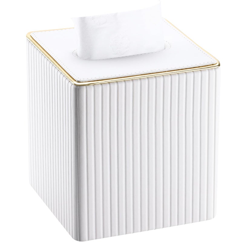 KINGFOM Tissue Box Cover, PU Leather Square Tissue Box Holder for Kleenexs with Magnetic Bottom Cover for Facial Tissues/Napkins, Office & Living Room Decor Box White - Image 1