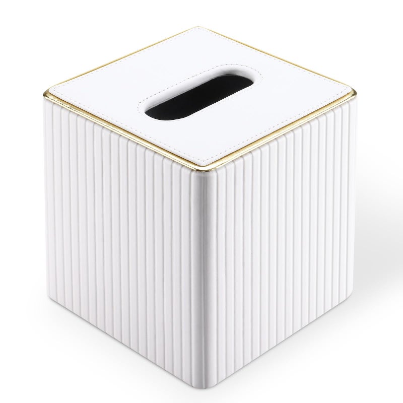 KINGFOM Tissue Box Cover, PU Leather Square Tissue Box Holder for Kleenexs with Magnetic Bottom Cover for Facial Tissues/Napkins, Office & Living Room Decor Box White - Image 2